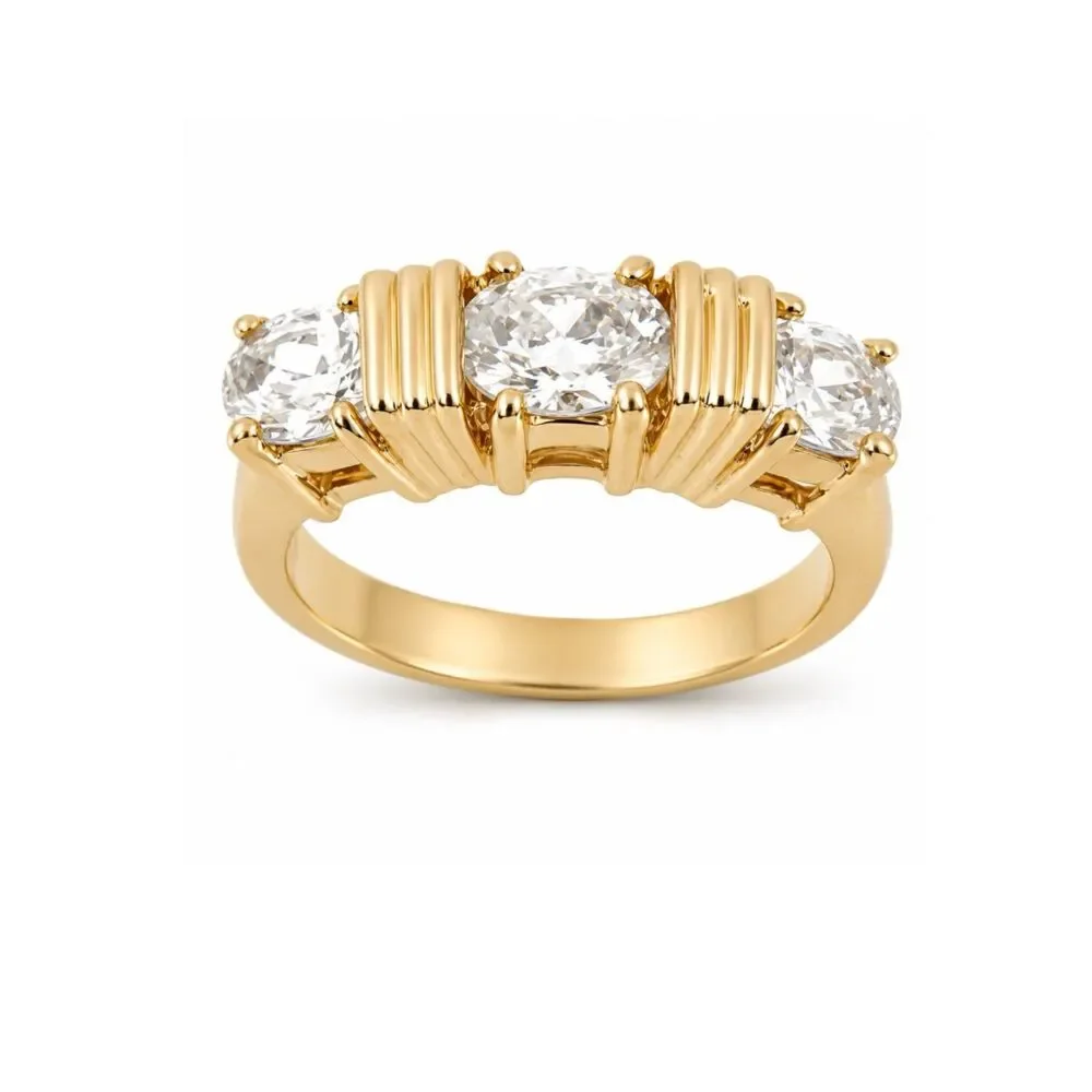 Vintage 1980s Ring Size 6 CZ Three Stone Textured Gold Plated Band - 14S